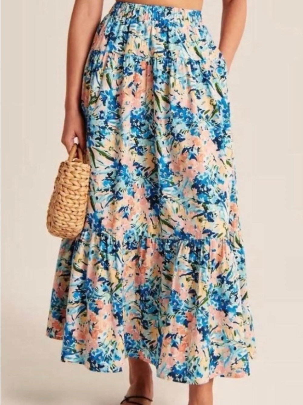 Abercrombie & Fitch Floral Tiered Maxi Skirt - Blue & Peach
